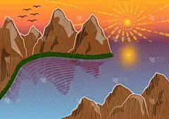 鸟群海岸图解与海景- -以木刻画风矢量画山