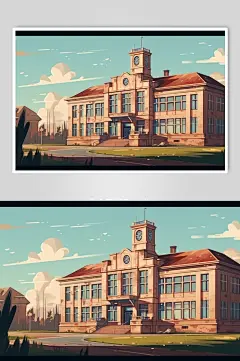 AI数字艺术简洁手绘学校教学楼建筑插画