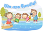 一家人在小溪里玩水拍照温馨家庭系列卡通插画