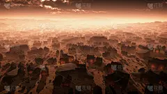 在日落时干燥的沙漠景观中的偏远荒凉的村庄。