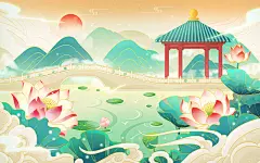 荷花池塘国潮荷花插画国潮荷花亭子建筑psd素材