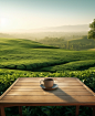 a wooden table outdoors overlooking green tea field, in the style of use of fabric, precisionist, terragen, farm security administration aesthetics, rectangular fields, joyful and optimistic, innovative