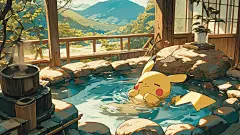 皮卡丘泡温泉动漫桌面壁纸