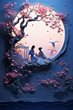 梦幻浪漫古风剪纸风牛郎织女七夕人物插画