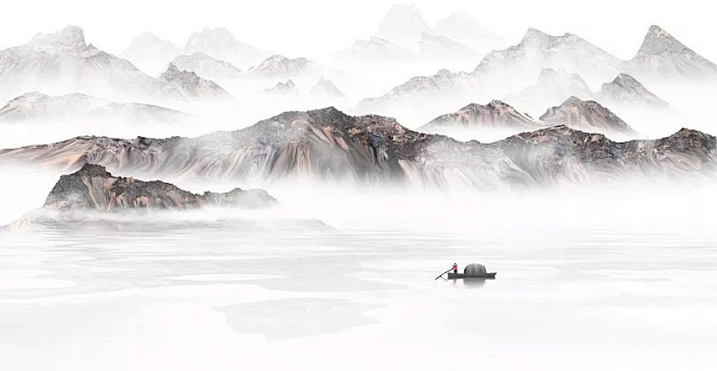手绘中国风意境水墨山水风景画