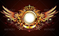 Vector illustration of heraldic golden frame or badge with crown, wings, banner and floral elements