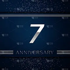 现实七周年庆典。蓝色背景上的银色数字和银色纸屑。彩色矢量模板元素为您的生日派对