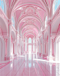 a pink and white princess palace, symmetrical, grand, with glossy floor, low angle looking up