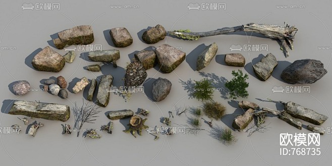 现代石头枯树桩组合3d模型