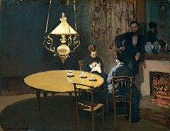 469-莫奈-The Dinner, An Interior after, 1868-69奥斯卡-克劳德·莫奈Oscar-Claude Monet（1840～1926），印象派代表人物和创始人之一。虽然他本人并不追求理论研究，然而他卓越的敏锐感觉却在不知不觉间改变了绘画的历史潮流。莫奈擅长光与影的实验与表现技法。改变了阴影和轮廓线的画法，看不到非常明确的阴影，也看不到突显或平涂式的轮廓线。光和影的色彩描绘是莫奈绘画的最大特色。色彩的运用相当细腻，常在不同的时间和光线下，对同一对象作多幅描绘。