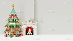 圣诞节登陆页模板与树和壁炉3D渲染插图组成