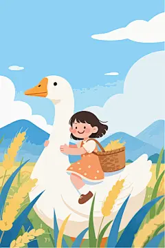 卡通骑着大白鹅的小女孩