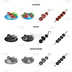 分离着色,烤肉架,炊具,图标,一个物体,牛排,蔬菜,肉,收集,午餐
