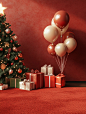 Product photography, commercial shooting style, photo of various gift boxes and balloons placed on the red carpet in front of it, a Christmas tree decoration next to them, a festive atmosphere, warm colors, bright light, a red wall background, a full-body