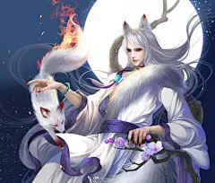 手绘 古风男子  狐狸