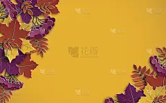 秋花纸背景以五彩缤纷的树叶为黄色背景，设计元素为秋季横幅、海报、传单或贺卡，纸剪出艺术风格