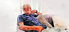 抽象色彩丰富的老人独自坐在家里玩手机上，以水彩画插画为背景。