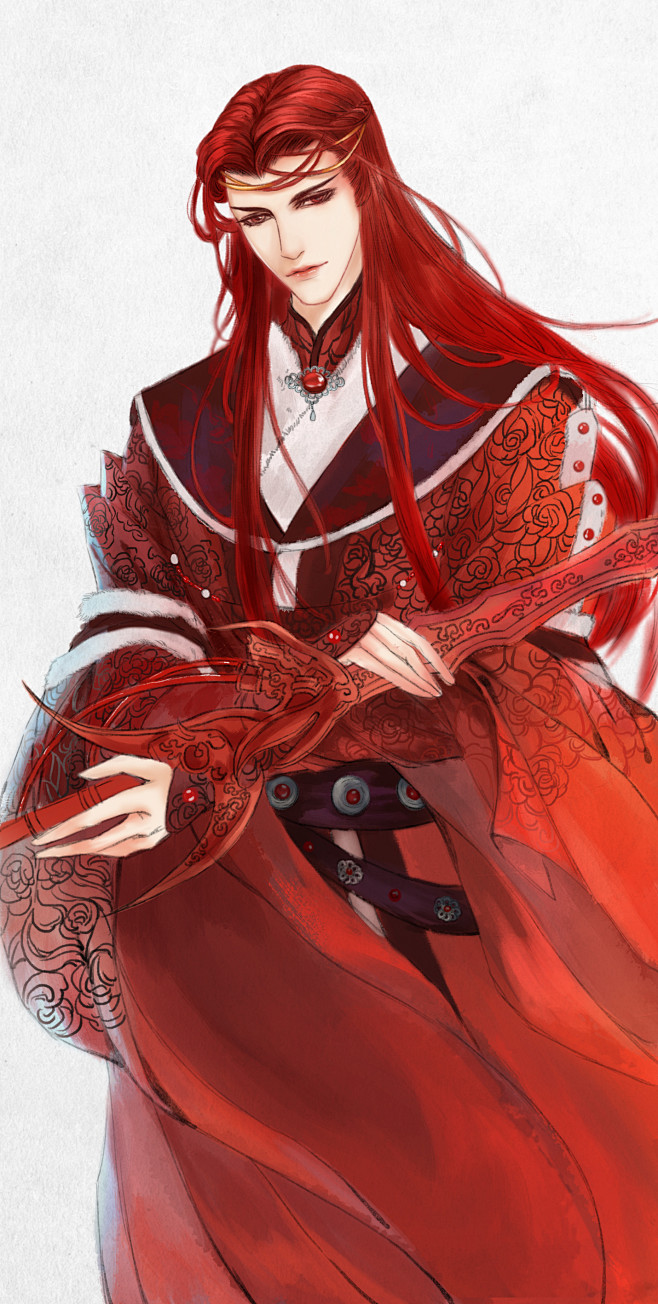 玄同太子秋枫暮霞惋红曲手绘