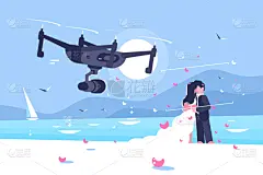 婚礼,在上面,平坦的,无人机,商务,四轴飞行器,新婚夫妇,监视