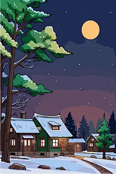 梦幻森林冬季夜晚小木屋
