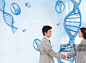Composite image of hand shaking trading partners in front of blue dna spiral_创意图片