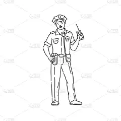 身穿职业制服的警官。线条艺术风格字符向量黑白孤立的插图。
