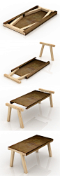 “mastro”是一个小型家具，它的灵感来自于传统工匠工作室中的旧工作台或凳子。桌面是用酸蚀铁板材料制作的，两侧各有一个槽，内部可以放两个杉木支架，节省空间便于储存。这两个木桌腿很容易抽出，简单的插接在铁皮桌面上即可使用。尺寸：80 x 160 x 75 cm。设计者：gum design