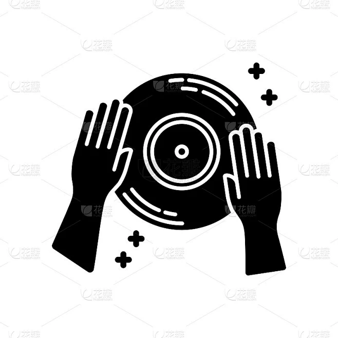 DJ黑色字形图标。夜总会娱乐，house music，夜总会迪斯科剪影符号的空白。唱片骑师占领。黑胶素材-花瓣网
