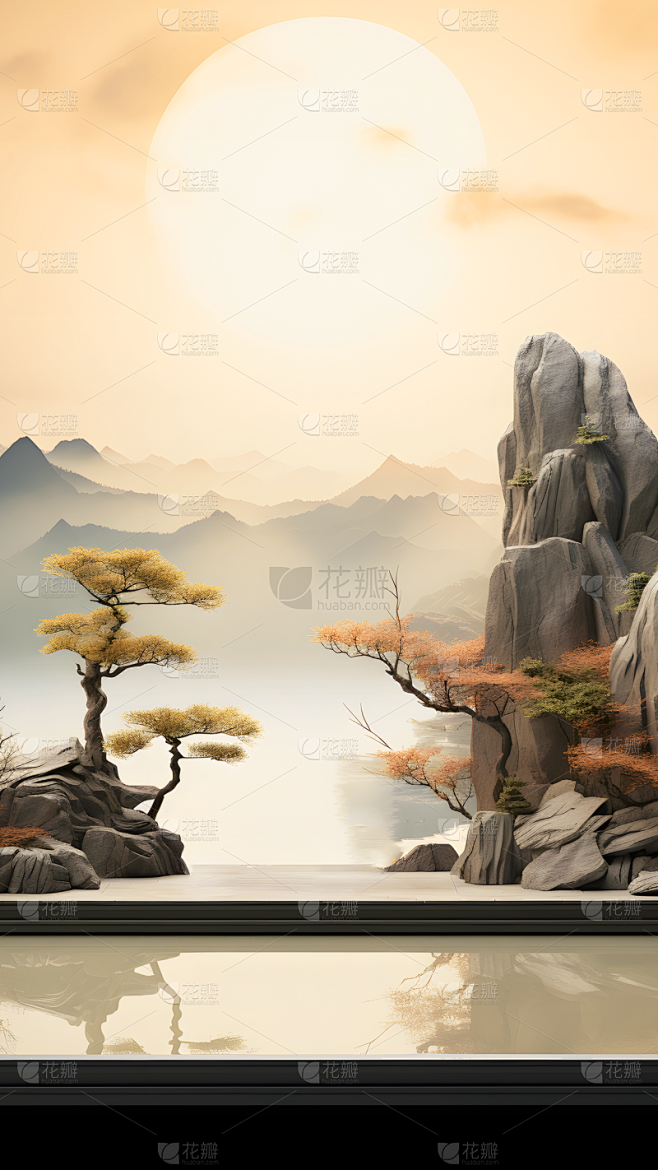 通用国风插画中式自然山树展台场景背景