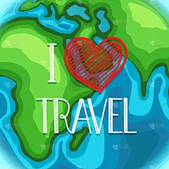 我爱旅行。卡通风格的矢量插图与字母标志