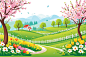 绿树春景花草蓝天晴天小草插画背景图