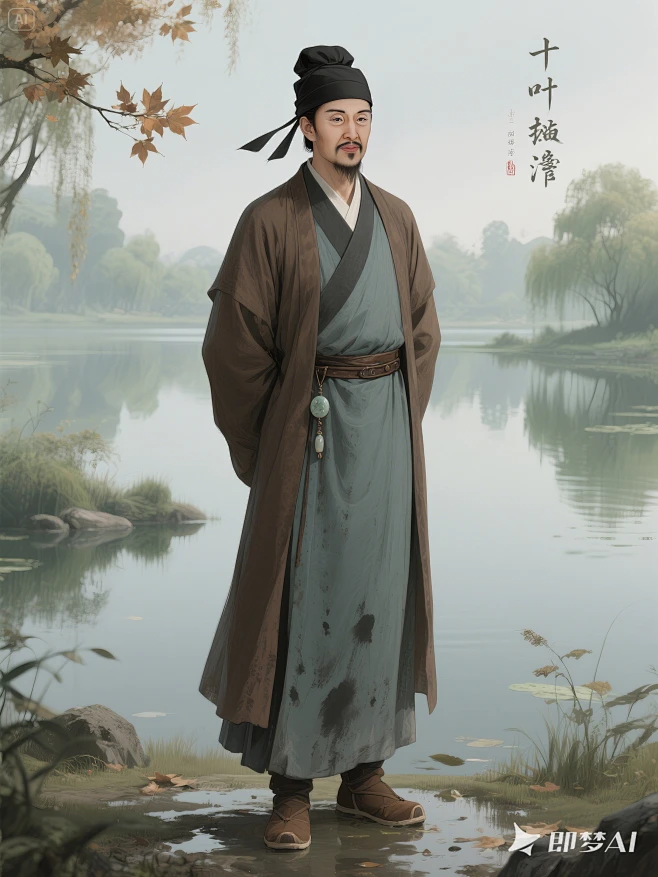 叶绍翁，南宋诗人，全身形象，头巾：戴黑色或深青色「幅巾」（南宋士人常见便装首服），晚年可能裹「东坡巾」（高顶方筒，两侧带折角），象征其虽隐居仍 ...