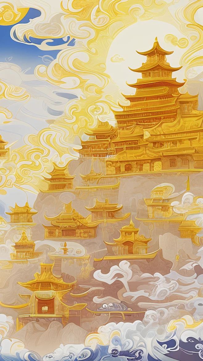千库网_中国风天上宫阙国潮金色宫殿建筑_插画编号194086-花瓣网