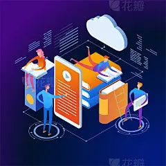 Mobile library isometric concept bannerMobile Web library. Technology and literature. Digital ibrary web banner. People interact with digital books. Isometric images. 3d vector illustration.