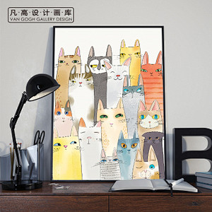 客厅装饰画可爱猫趣味手绘插画简约走廊儿童...