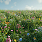 a grass field with flowers, resin, 3d, blender, precise structure, fine material rendering, bright colors, simple background, detailed rendering, 8k, rich detail, detailed structure ar 9:5