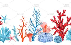水彩斑斓的海星和珊瑚构成了美丽的水平无缝水下图案。库存说明.