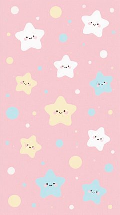 柔和的浅粉色背景，上面散布着大小不一、圆润可爱的白色、浅黄色和浅蓝色五角星图案，以及许多细碎的同色系小圆点作为点缀，整体呈现出简洁、明快、充满童趣的可爱氛围，色彩搭配柔和甜美，构图疏密有致，营造出轻松愉悦的视觉感受。