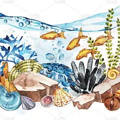 海洋生物景观-海洋和水下世界不同的居民。水族馆的概念海报，t恤，标签，网站，明信片。