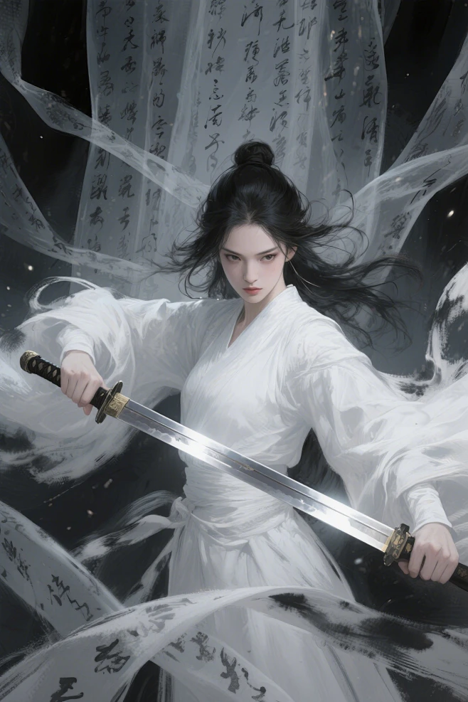 月夜啸声AI试验-白衣侠女长剑-花瓣网