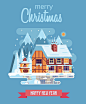 s0365-12款圣诞新年海报主题冬季雪景树房屋建筑AI矢量插画素材-淘宝网