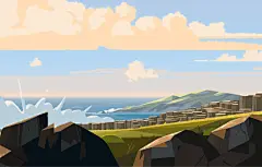 【审美练习】设计师Colin Bigelow绘制的一组场景插画。色块的大面积运用，再通过肌理丰富大场景的细节，整体视觉效果非常的舒服。 #设计秀# ​​​​