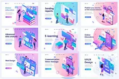 互联网科技概念矢量2.5D插画落地页互联网教育社交购物大数据云存储模板