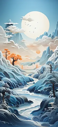一幅山水3D水彩插图
