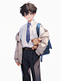 Boy, handsome, school uniform, male student, jeans, long legs, deep and three-dimensional facial features, big eyes