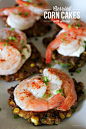 These curried corn cakes with lightly sauteed shrimp and chives