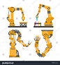 Set of robotic arms, hands. Vector robot icons set. Industrial technology and factory symbols. Flat illustration isolated on white background，机械人，人工智能，AI，机械臂，流水线