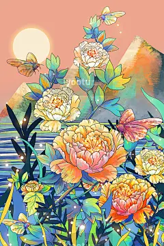 手绘中国风花鸟绿叶国画童话故事插图海报psd设计素材i2072205-淘宝网