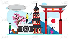 旅游日本创意插画矢量图形，小人旅游日本插画矢量，日本旅游矢量，日本概念矢量平面插画