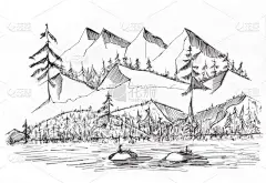山山水的野生景观素描，由墨汁绘制的插图 